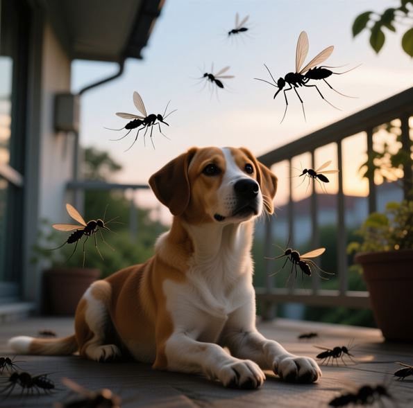 앉아 있는 강아지 주변을 날라다니는 모기들이 있다