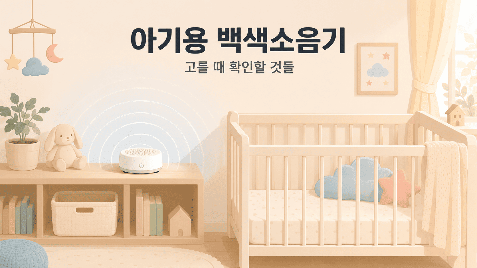 아기 침대 옆에 놓인 백색소음기와 은은하게 퍼지는 소리를 표현한 아늑한 아기방 일러스트