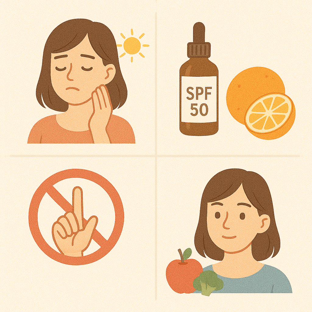 즉각적인 진정과 자외선 차단
나이아신아마이드, 비타민C 중심의 꾸준한 미백 관리
생활 속 작은 자극 최소화
항산화 식습관과 스트레스 관리 위 내용을 이미지로 표현