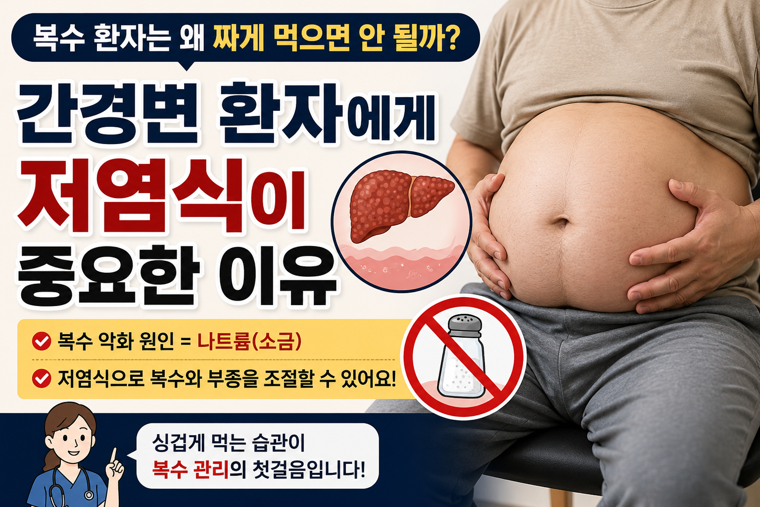 짜게 먹으면 나트륨 증가로 수분 정체와 복수&middot;부종이 심해지는 과정을 설명하는 간경변 저염식 의료 인포그래픽 이미지