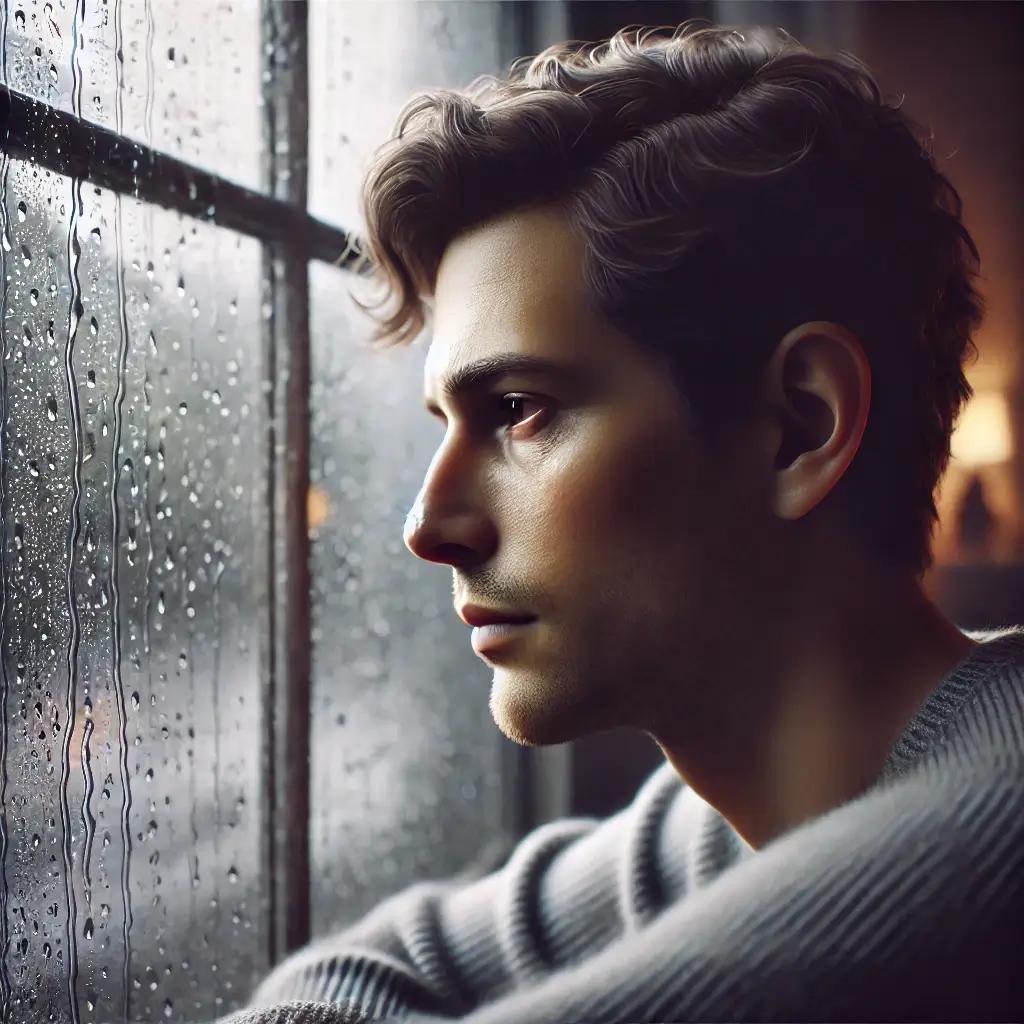 비오는날-우울한표정으로-창밖을-바라보는-남성