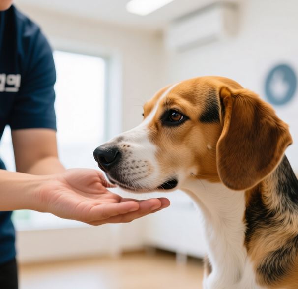 터치 훈련 중인 강아지의 모습