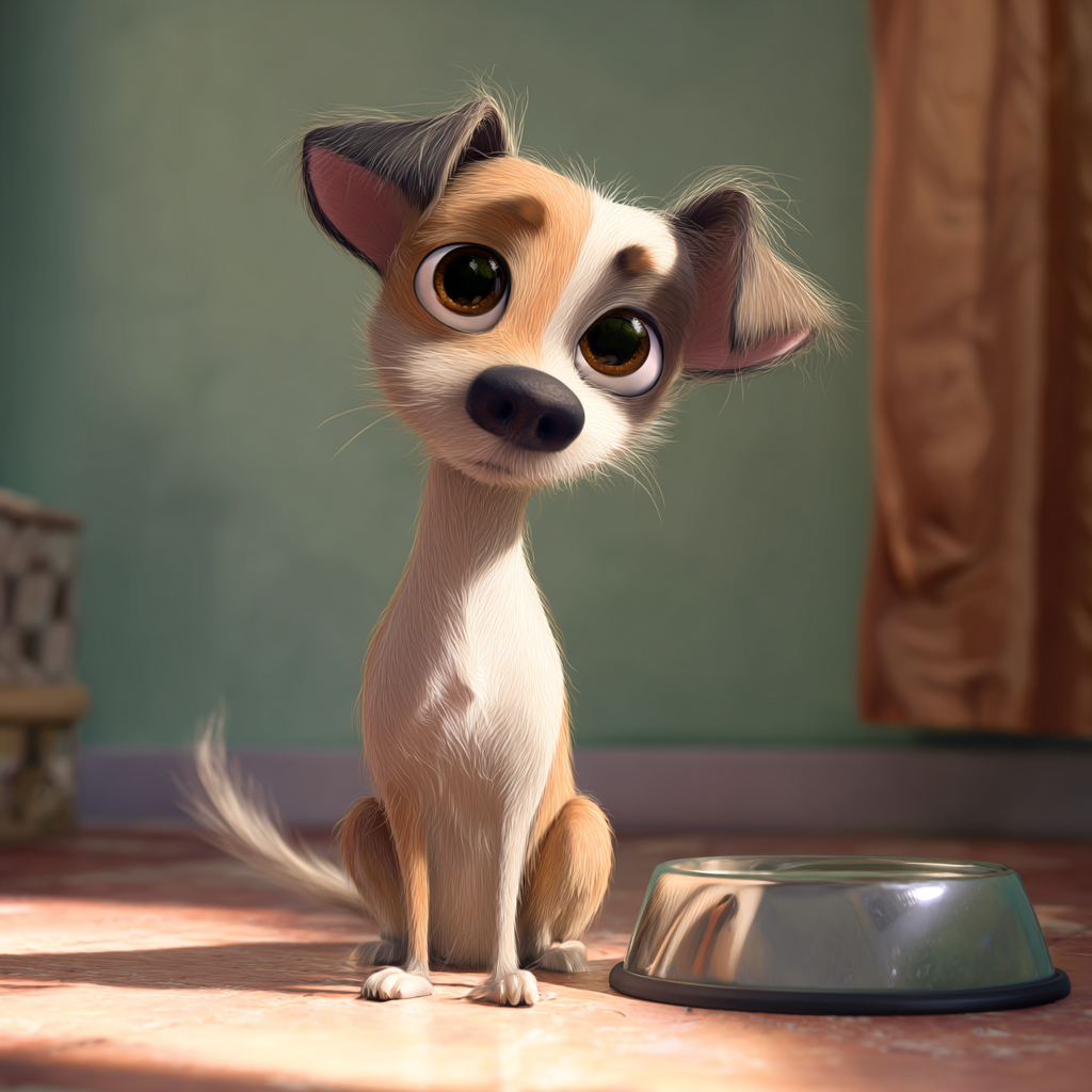 물그릇 옆에 불편한 표정으로 앉아있는 강아지, 픽사스타일 일러스트