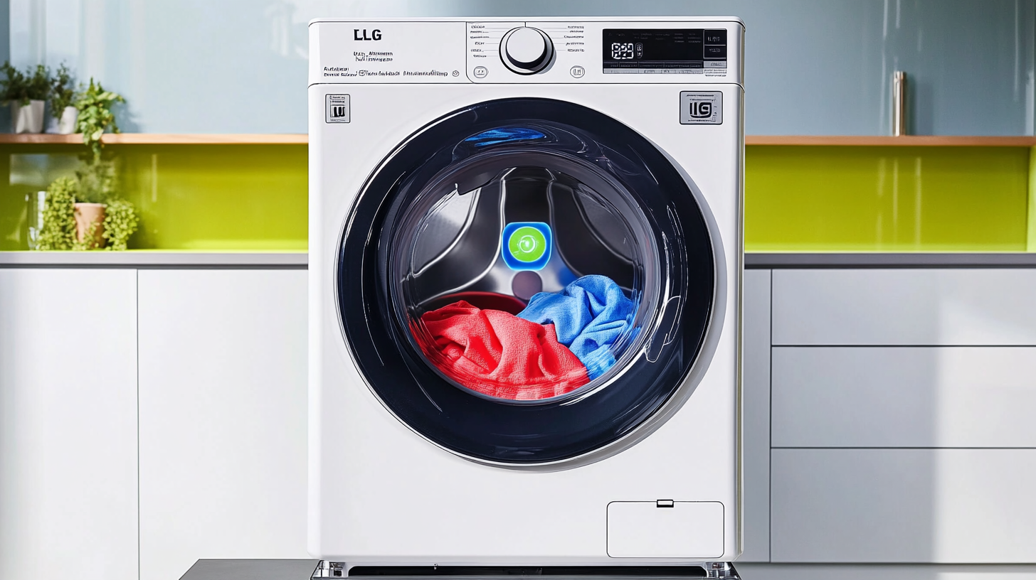 AI 기능이 탑재된 LG 트롬 세탁기가 세탁물의 무게와 소재를 인식하는 장면을 보여주며, 기술의 혁신성과 편리함을 강조하는 이미지.