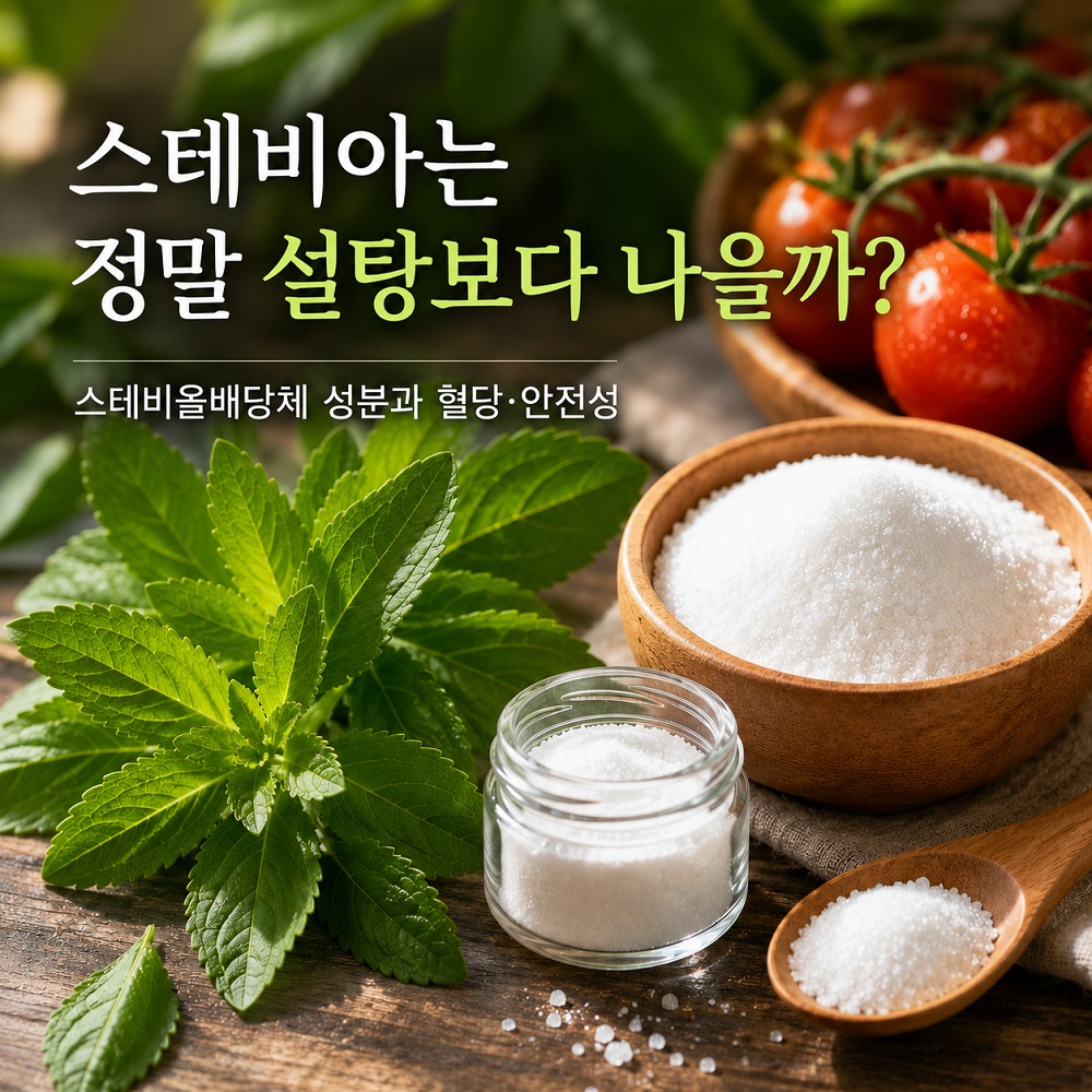 스테비아 잎과 작은 유리 용기의 흰색 감미료, 방울토마토를 함께 배치한 실사 사진.