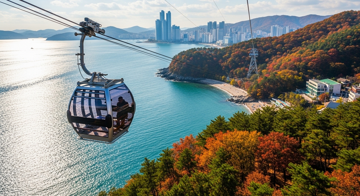 푸른 바다 위를 가로지르는 부산 송도 해상 케이블카 크리스탈 캐빈. 해안가의 가을 단풍과 도심 풍경이 어우러진 이색적인 모습.
