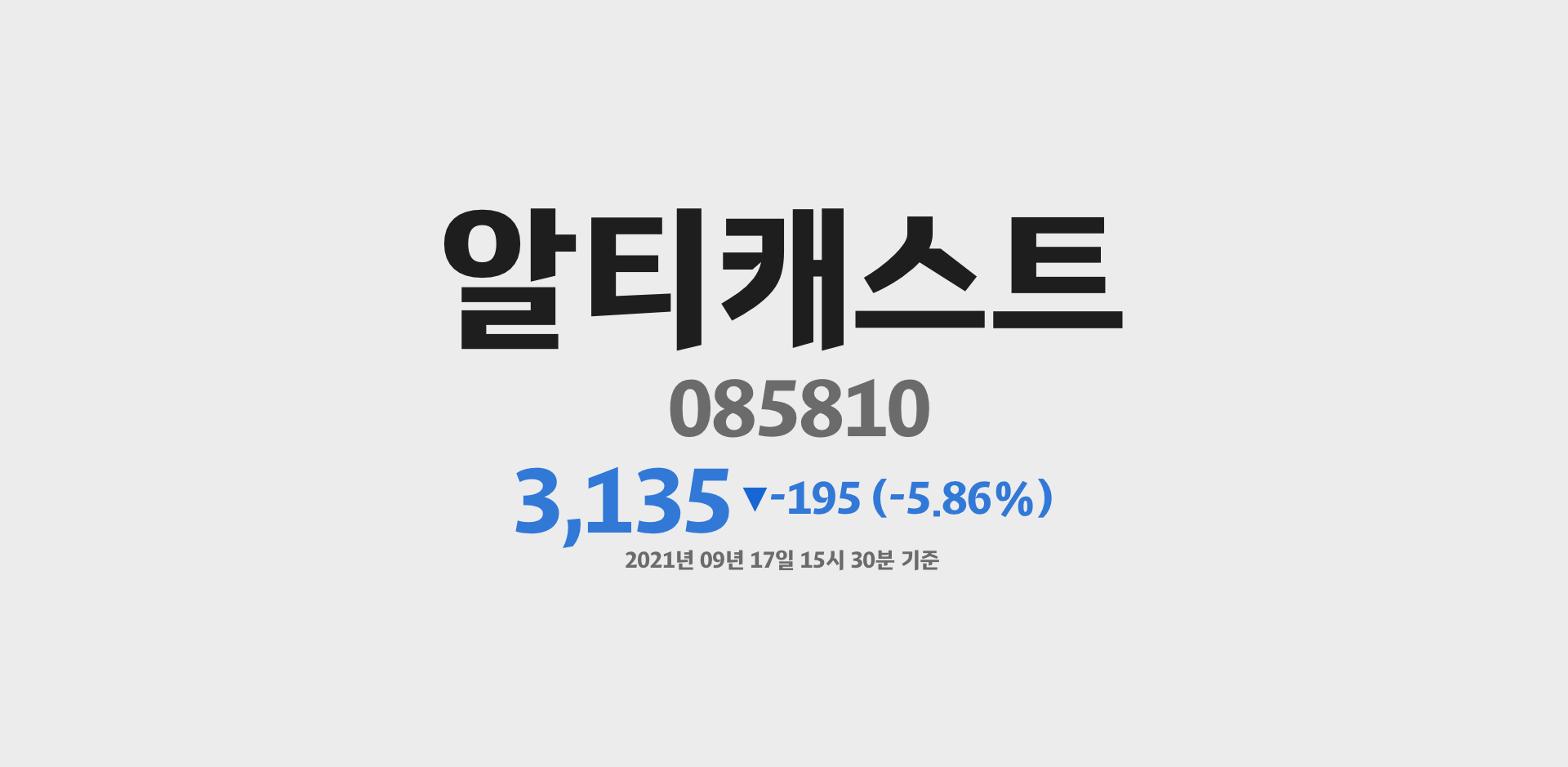 알티캐스트 2021-09-17 15:30:00기준 주가