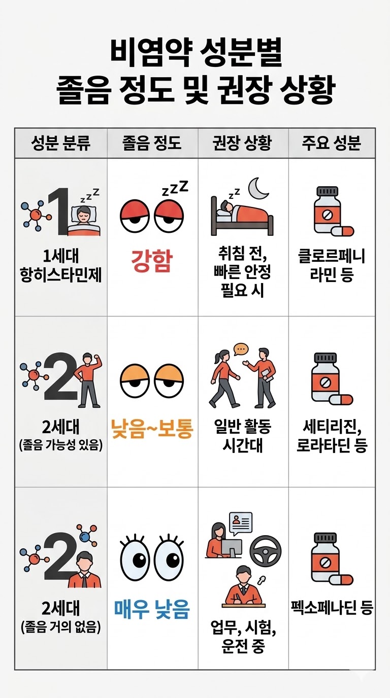 비염약 성분별 졸음 정도 비교표와 1세대 2세대 항히스타민제 권장 상황 정리 인포그래픽