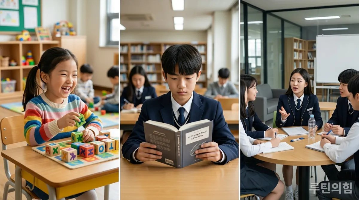 학년별 영어 학습 전략을 보여주는 초등학생의 파닉스, 중학생의 독서, 고등학생의 토론 모습