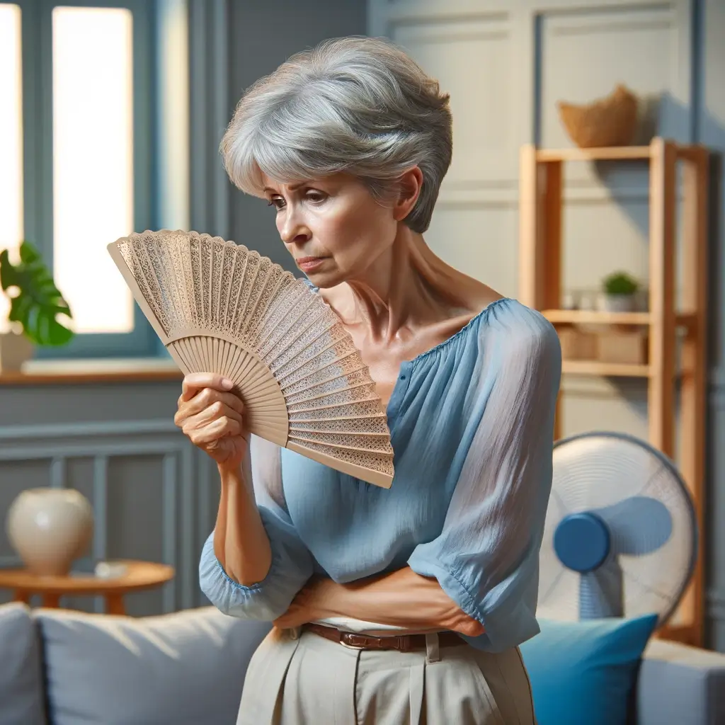 폐경기에 안면홍조를 겪는 중년여성의 모습