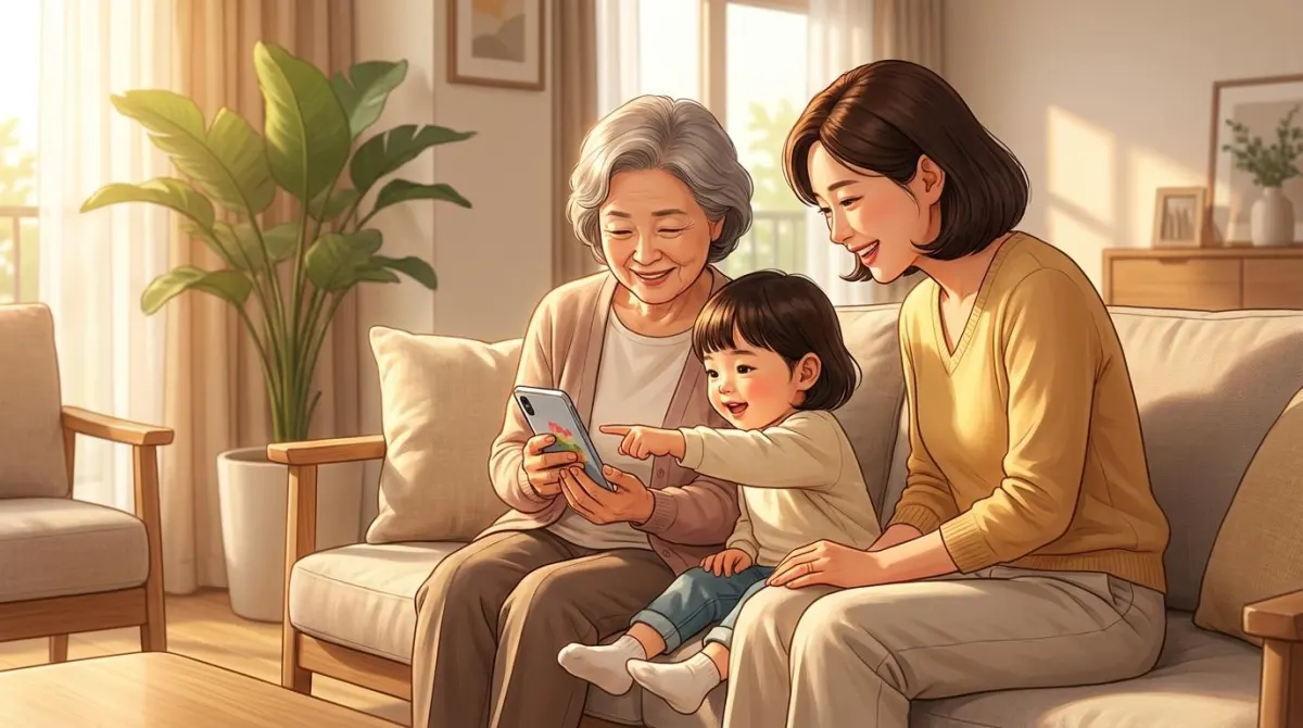 스마트폰으로 만든 AI 캐릭터를 보며 함께 환하게 웃고 있는 한국인 할머니와 손주, 그리고 딸의 행복한 모습