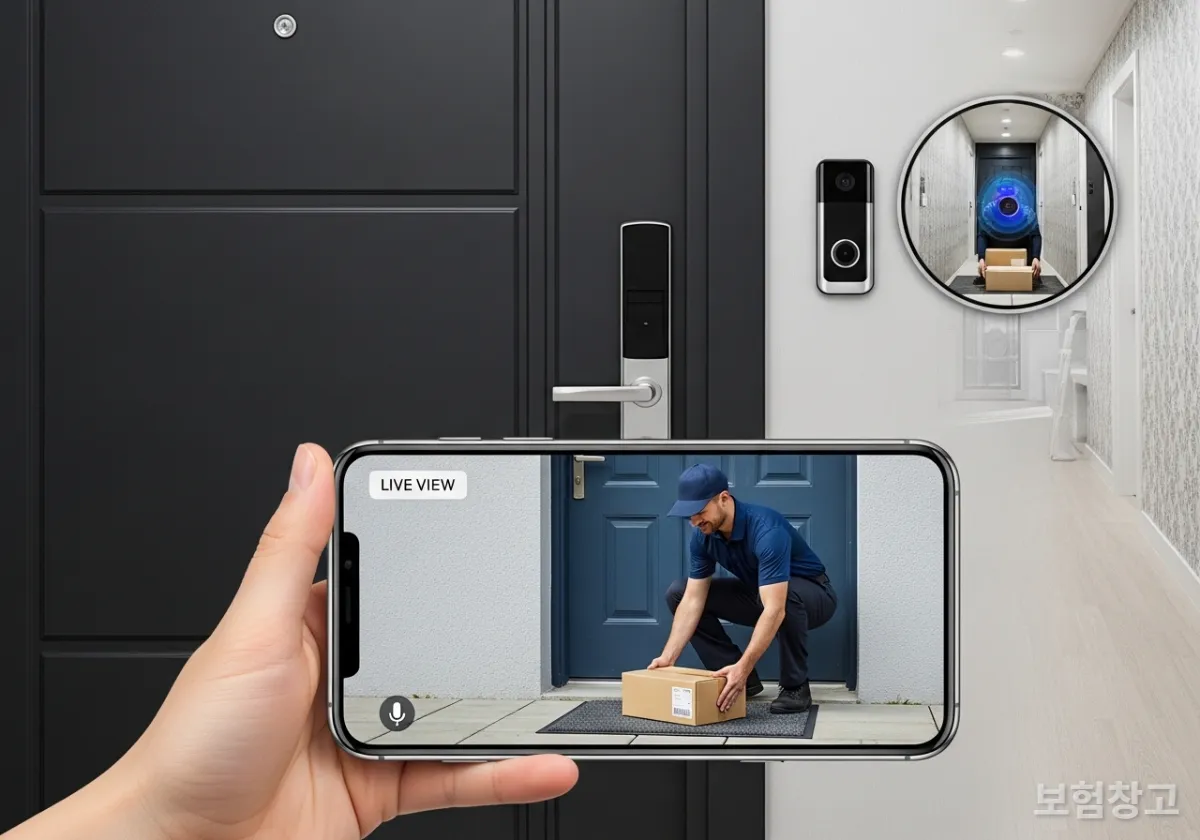 스마트 도어벨이 설치된 한국 아파트 현관과 스마트폰 모니터링 화면