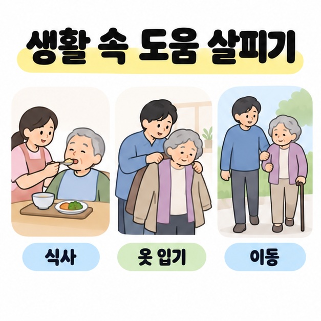 보호자가 어르신의 식사와 옷 입기, 지팡이를 이용한 이동을 돕는 세 가지 생활 장면