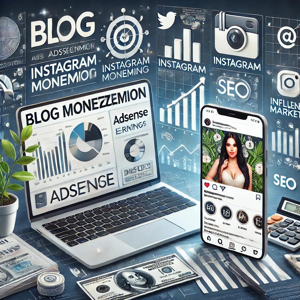 노트북에는 블로그 화면이 켜져 잇고, 그 옆에 스마트폰에 인스타그램이 켜져 있다.