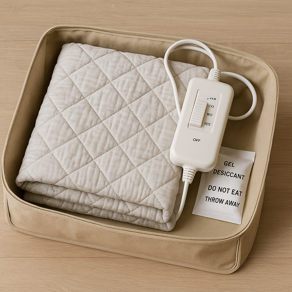 보관 가방에 전기요와 조절기를 정리해 담고 실리카겔을 함께 넣어 건조 상태로 보관하는 모습