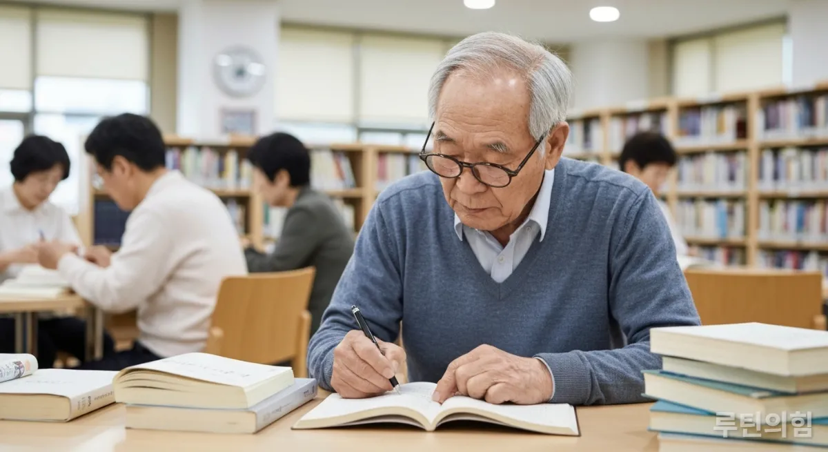 도서관에서 공부하며 평생 학습을 실천하는 한국인 노년 남성