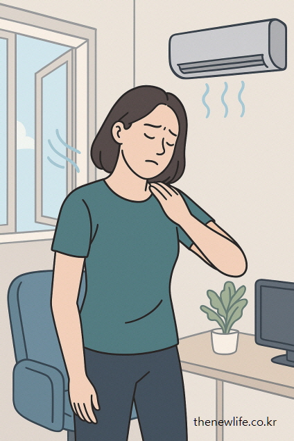 A woman in an office environment experiencing shoulder pain due to air conditioning, with an open window and visible cold air from the AC./ 사무실에서 냉방병 증상으로 어깨 통증을 느끼는 여성이 해결책으로 창문을 열어둔 상태의 장면"