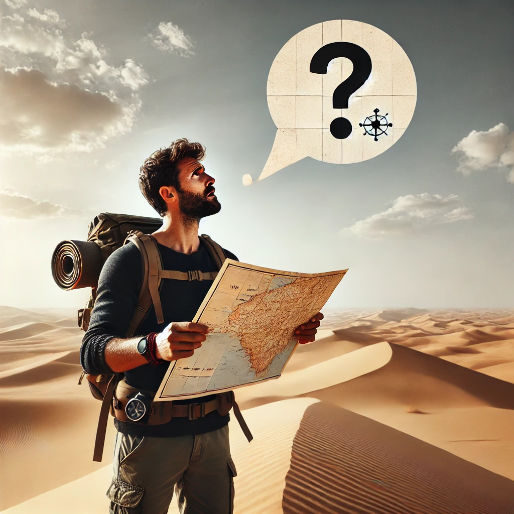 사막에서 남자가 지도를 들고 물음표가 있는 말풍선이 있는 사진