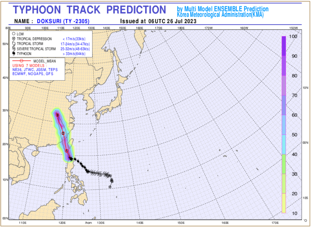 '23. 7. 26. 15시 ~ 7. 29. 15시 태풍 예상 경로_출처 : 기상청