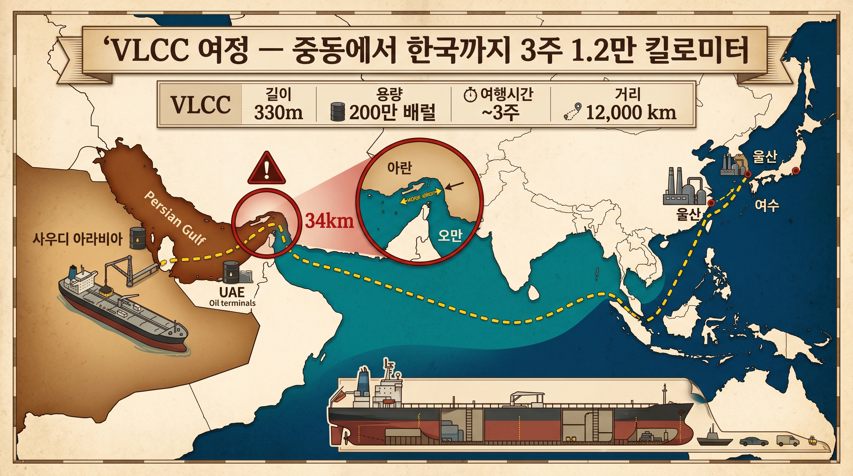 VLCC 여정 지도: 중동 &rarr; 호르무즈 해협(34km) &rarr; 한국, 3주 1.2만km, 200만 배럴