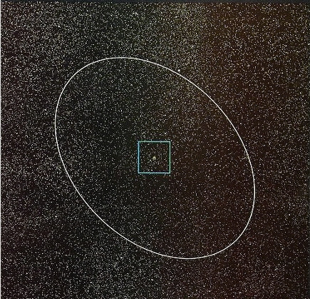 지상 1,000,000킬로미터 상공에서 바라본 우주 공간. 화면 중앙의 작은 점이 지구이며, 그 주변을 타원형 궤도로 감싼 선은 달의 공전 궤도이다. 배경은 수많은 별들로 가득 차 있고, 이제 지구와 달의 거리감이 시각적으로 드러난다. 우주의 깊이와 정적 속에서 지구는 더 이상 중심이 아니며, 그저 셀 수 없이 많은 점들 중 하나로 보인다.