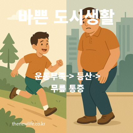 도시 생활로 활동량 줄고 무릎 통증 생긴 장면