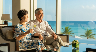 고급 리조트 라운지에서 오션뷰를 배경으로 편안하게 휴식을 취하며 미소 짓는 행복한 한국인 노부부의 모습, 해외 효도 여행의 편안함과 특별함을 상징하는 모습.
