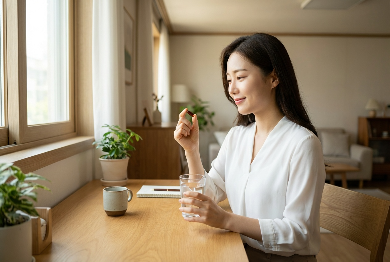 밝은 거실에서 물 한 잔과 함께 비오틴 영양제 캡슐을 들고 미소 짓는 한국인 여성의 건강한 섭취 장면