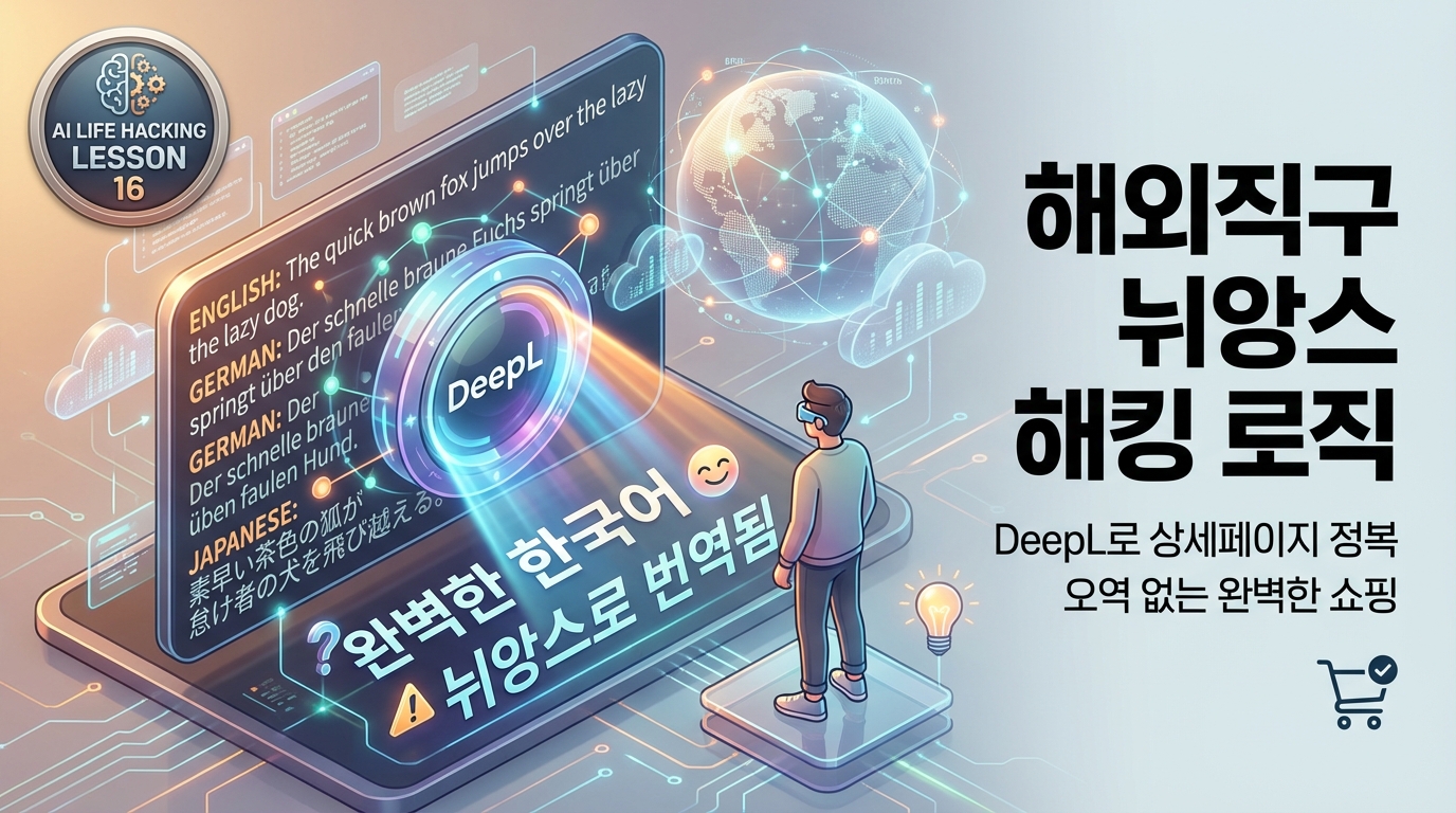 딥엘을 활용해 해외 웹사이트의 언어와 뉘앙스를 정확하게 번역하여 쇼핑 리스크를 줄이는 과정을 묘사한 3D 썸네일.