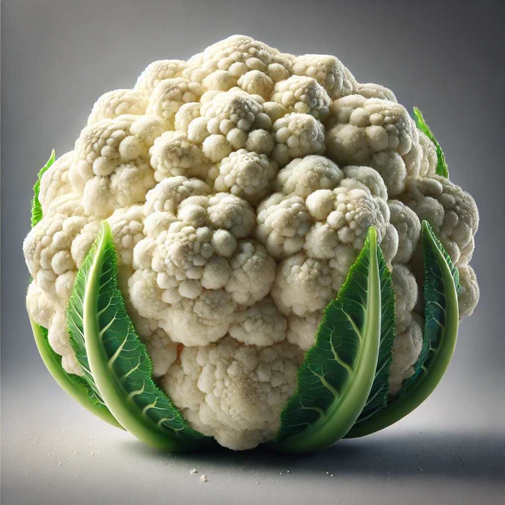 신선한 콜리플라워를 근접 촬영한 이미지로, 울퉁불퉁한 표면과 초록색 잎이 감싸고 있는 모습이 사실적으로 표현되었습니다.