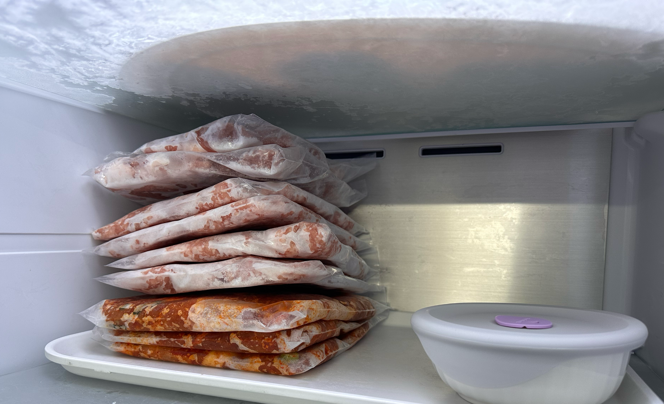 냉동보관 중인 고기류와 냉동밥