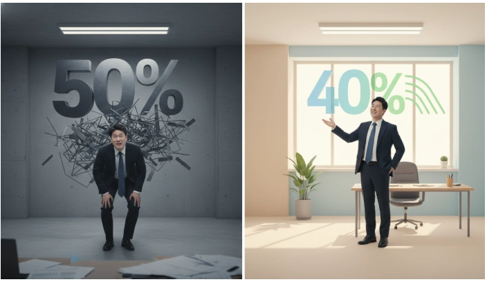 상속세 최고세율 50%에서 40%로 인하 및 과세 표준 구간 확대로 인한 세금 부담 완화를 시각적으로 표현한 이미지.