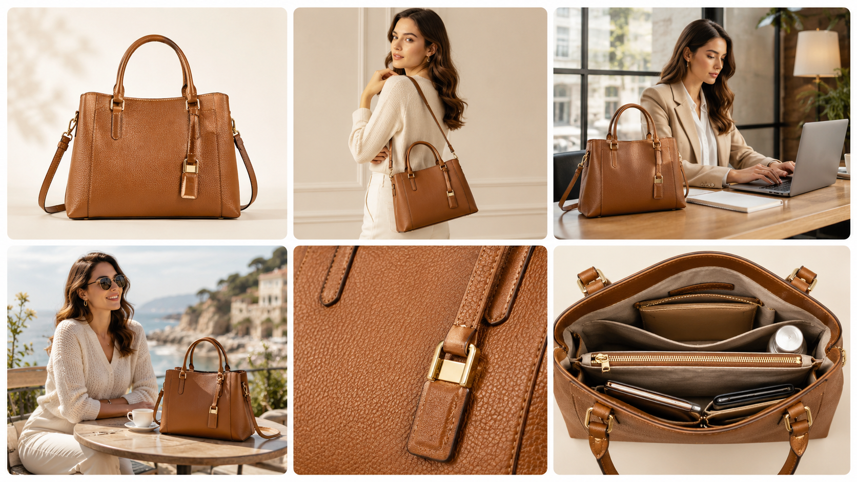 Core content for a fashion accessory detail page, ranging from main visuals to storage features