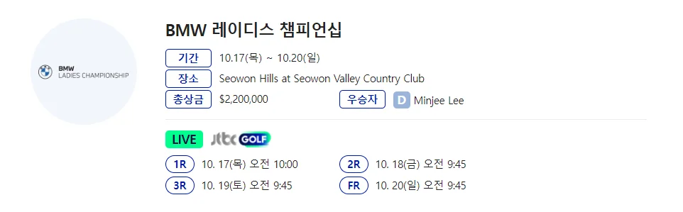 BMW 레이디스 챔피언십 현재 순위, 우승상금