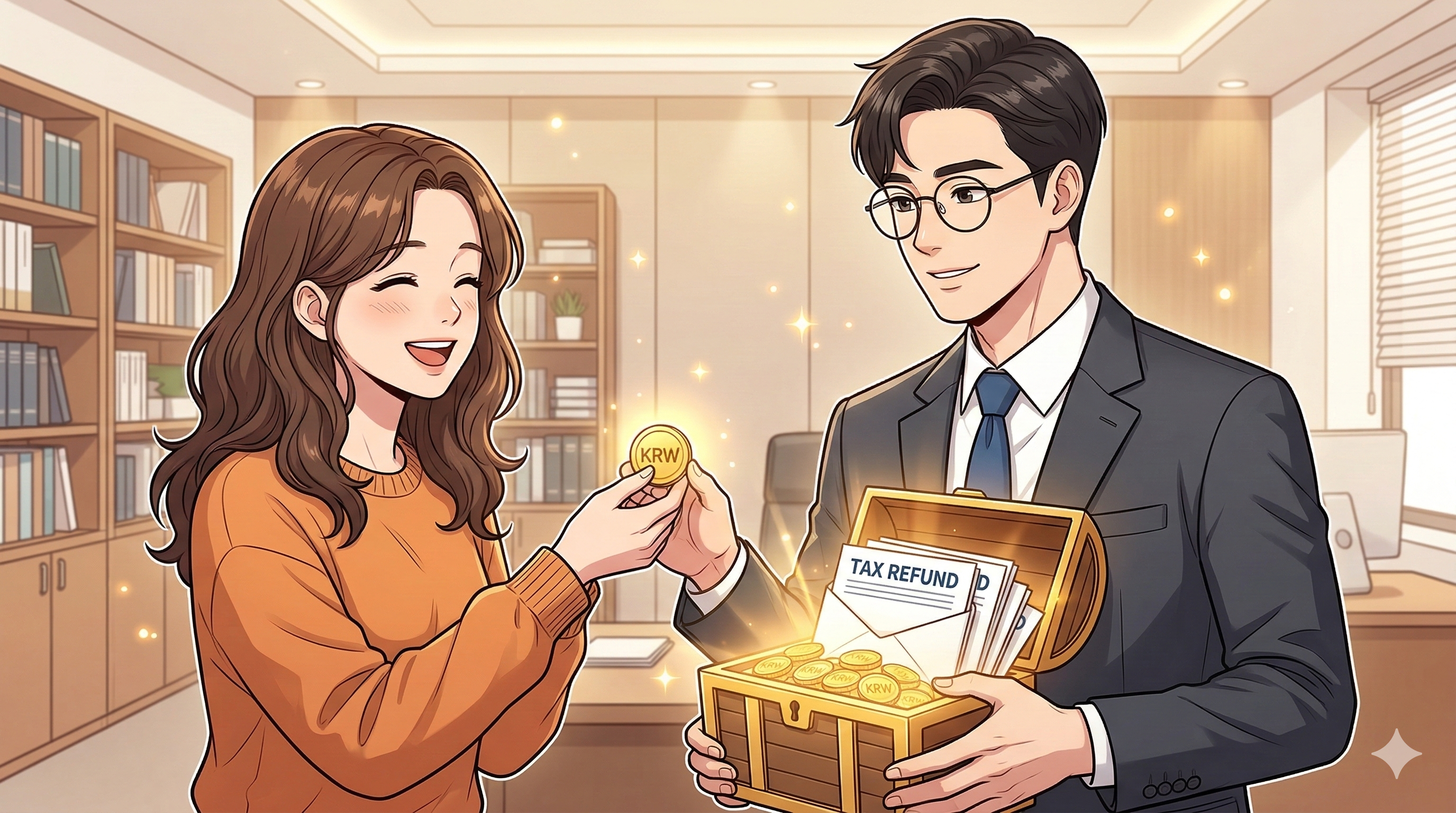 세무사를 통해 세금 환급 보물 상자를 얻는 장면