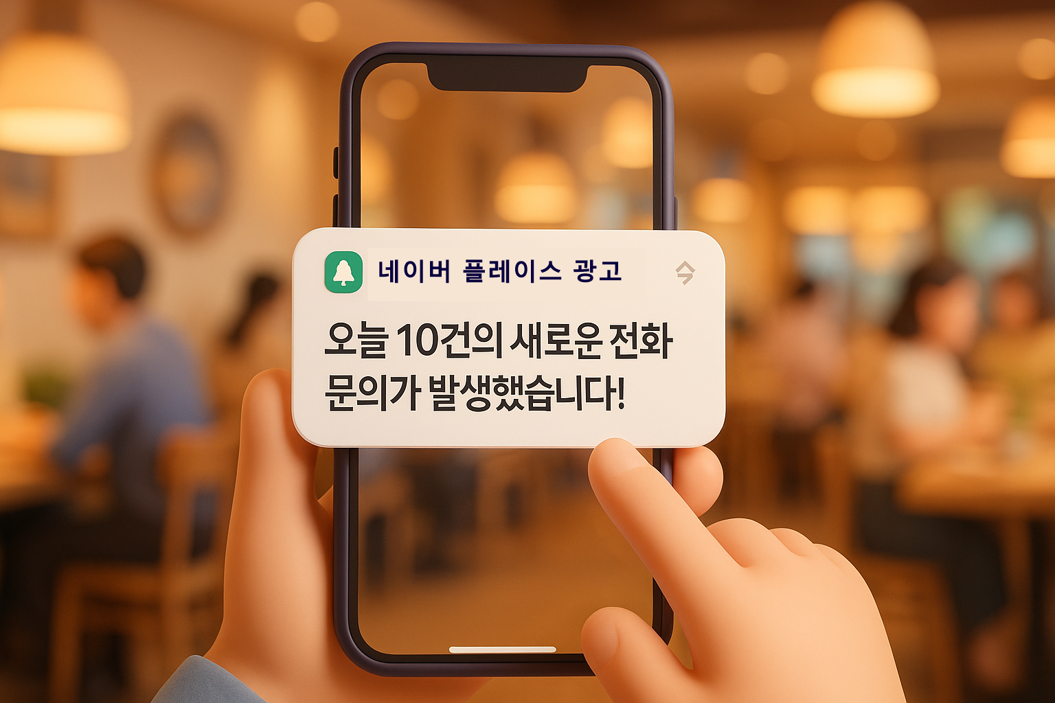 스마트폰 화면에 '플레이스 광고를 통해 10건의 전화 문의가 발생했습니다'라는 알림이 떠 있다.