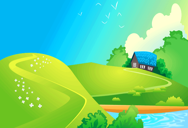 푸른 언덕 위에 파란색 지붕을 가진 가난한 집이 있다. 하늘은 파랗고 주변엔 맑은 호수가 있다.