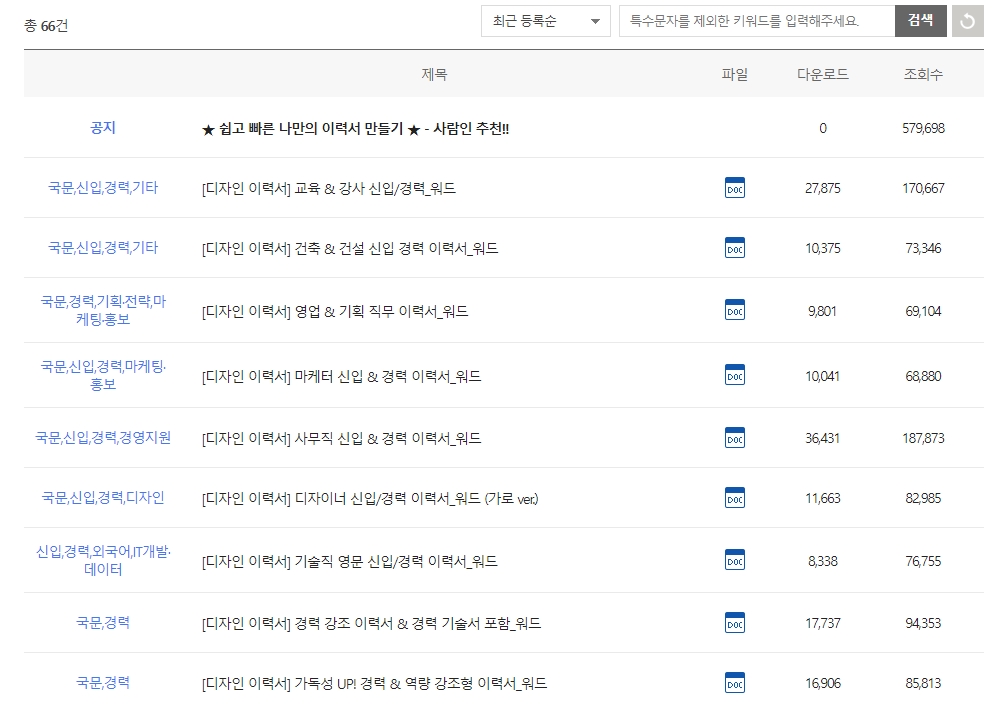 일반적인 표 형태로 구성된 기본 이력서 양식의 예시