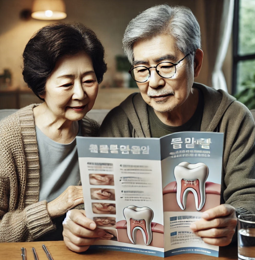 치과 건강에 관한 팸플릿을 살펴보는 노년 부부 