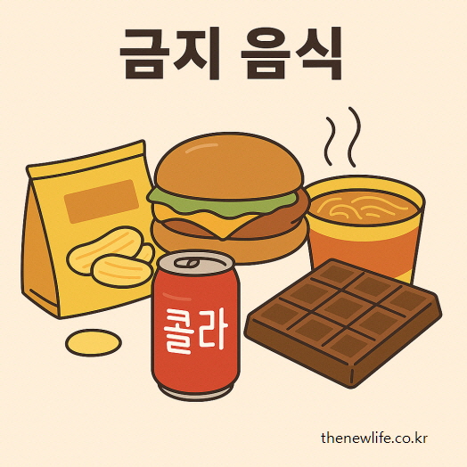 햄버거, 라면, 콜라, 과자, 초콜릿 등 뱃살 빼는 운동 중 피해야 할 금지 음식 일러스트 이미지