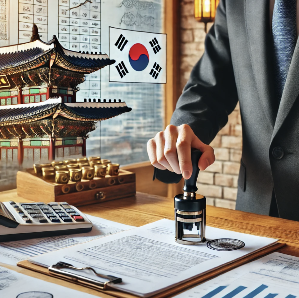 공식문서를 확인하고 직인을 찍는 공무원