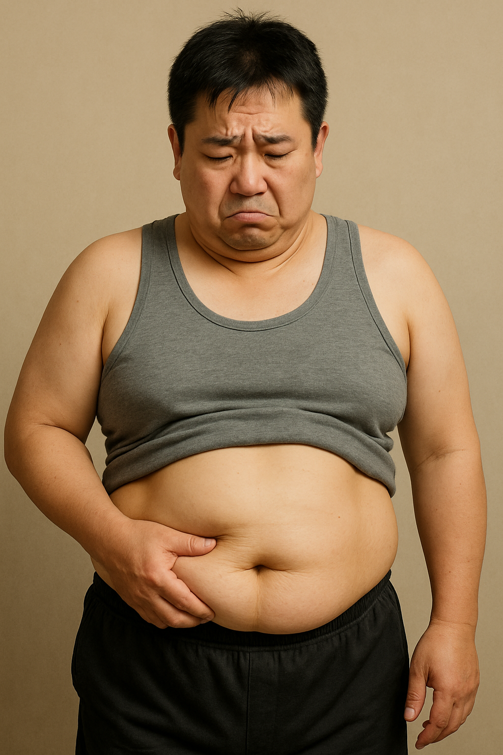 중년남성이 뱃살 고민에 빠져있는 모습