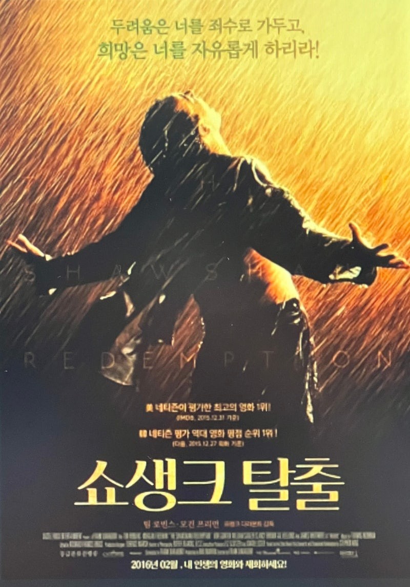 영화 쇼생크 탈출 공식 포스터 - 거세게 쏟아지는 장대비 속에서 두 팔을 하늘 높이 벌린 채 온몸으로 자유의 감격을 맞이하는 앤디 듀프레인의 모습