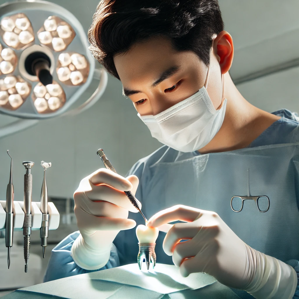 한국인 치과 외과의사가 임플란트 시술을 진행하는 모습, 멸균된 수술실에서 정밀한 도구를 사용해 임플란트를 식립하는 장면, 위생과 안전 강조