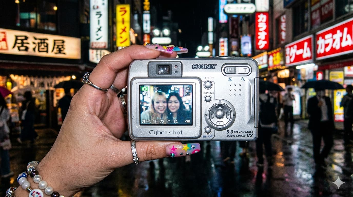 화려한 네일아트를 한 손으로 은색 빈티지 디지털 카메라를 들고 있는 모습. 작은 LCD 화면에 셀카가 표시되어 있으며 배경은 네온사인이 빛나는 밤거리의 로파이(Lo-fi)한 분위기.