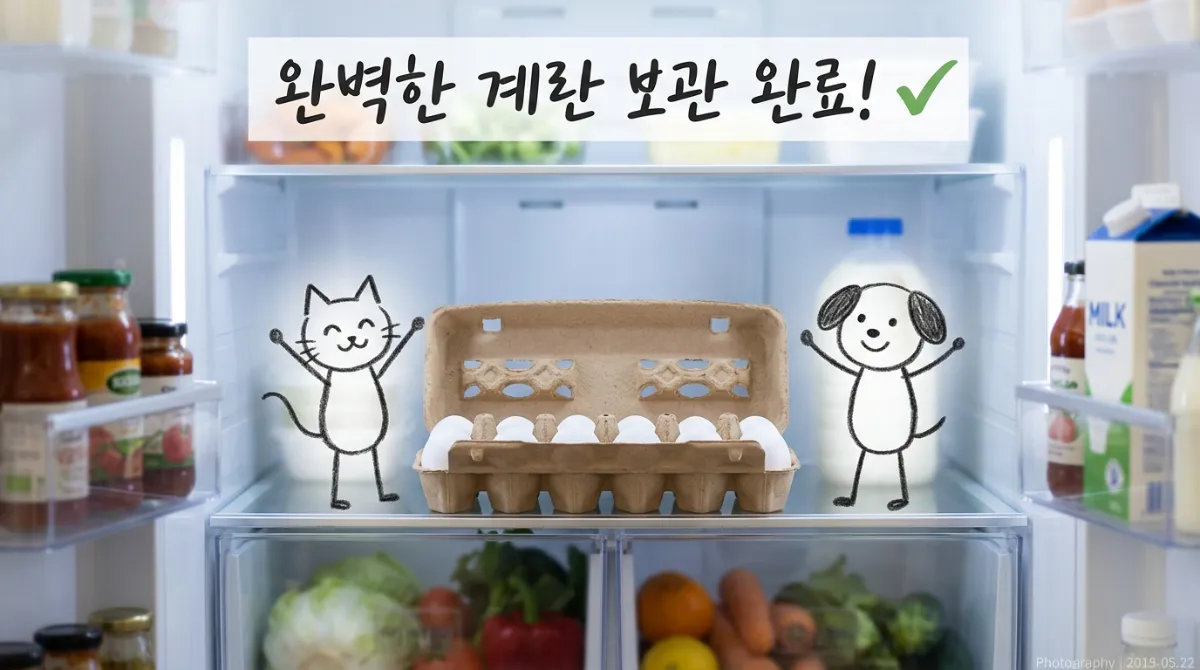 냉장고 안쪽 선반에 올바르게 보관된 계란 케이스 - 완벽한 계란 보관 완성