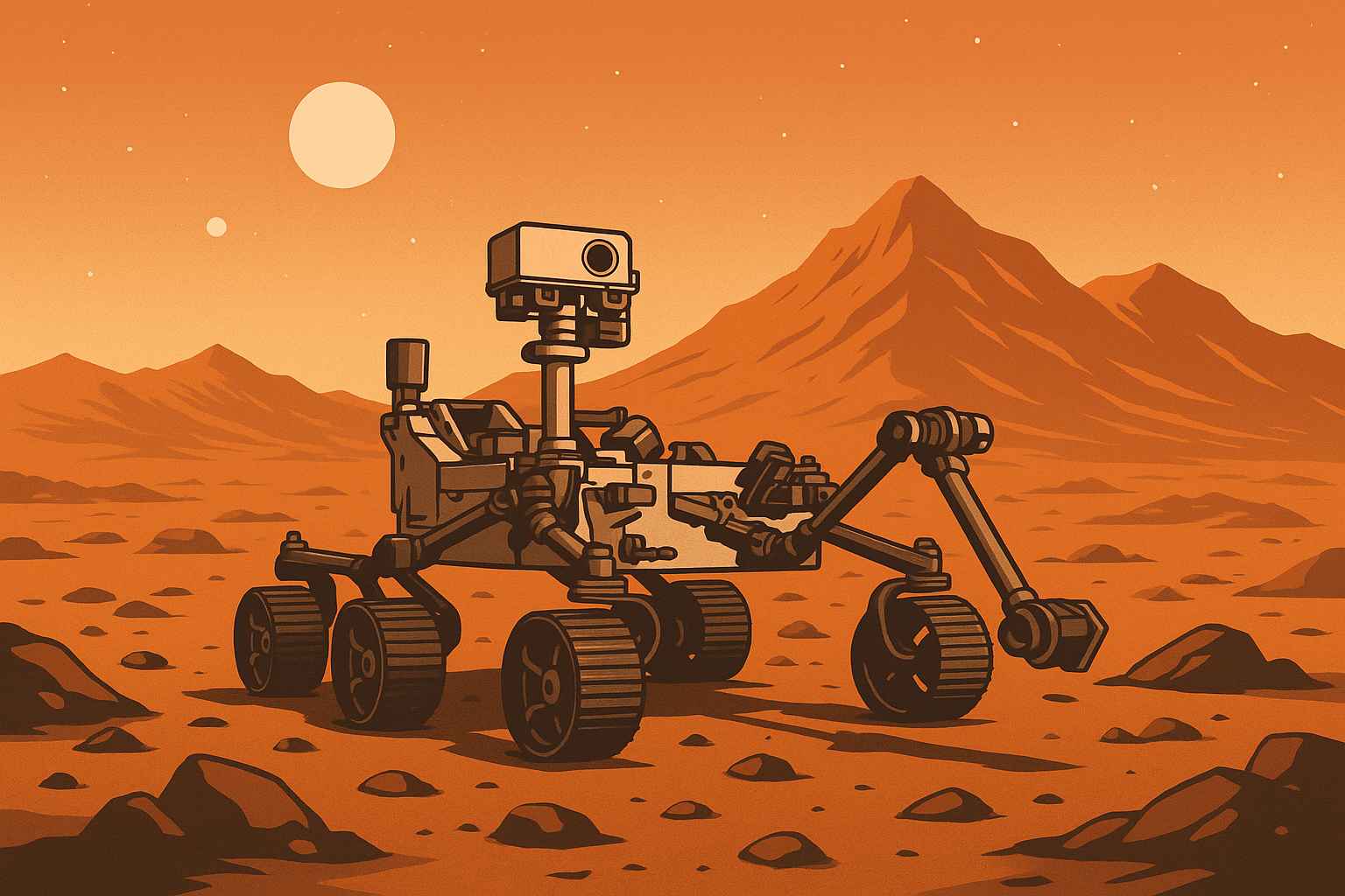 화성의 붉은 지형 위를 주행 중인 퍼서비어런스 로버의 디지털 이미지