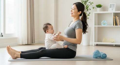 홈트 중간 아기 돌보며 운동하는 육아맘