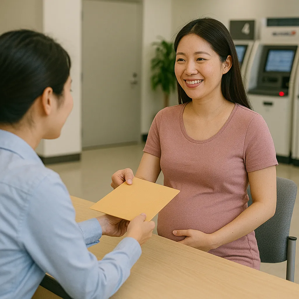 공공기관에서 서류를 전달받으며 미소 짓는 임산부