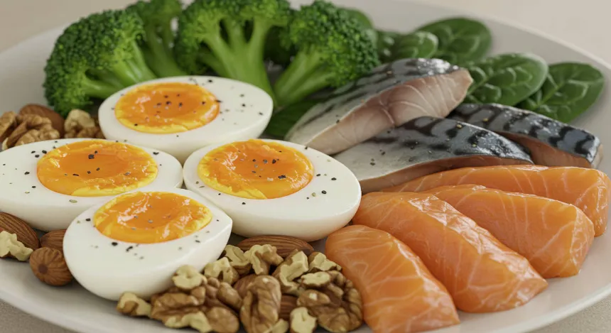 신선한 야채와 단백실 원물이 접시에 담긴 모습 이미지